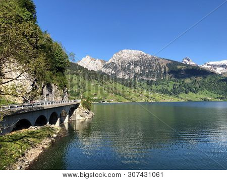 The Dam On The Artificial Alpine Lake Wagitalersee (waegitalersee), Innerthal - Canton Of Schwyz, Sw