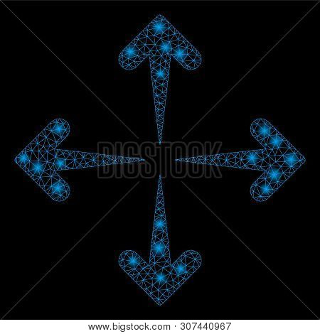 Glossy Mesh Expand Arrows With Glare Effect. Abstract Illuminated Model Of Expand Arrows Icon. Shiny