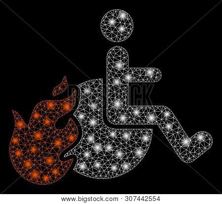 Glowing Mesh Fired Patient With Sparkle Effect. Abstract Illuminated Model Of Fired Patient Icon. Sh