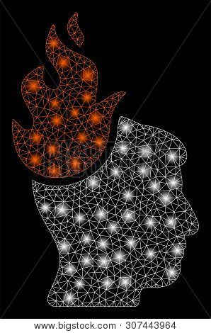 Bright Mesh Fired Head With Sparkle Effect. Abstract Illuminated Model Of Fired Head Icon. Shiny Wir
