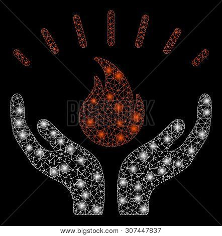 Bright Mesh Fire Care Hands With Sparkle Effect. Abstract Illuminated Model Of Fire Care Hands Icon.