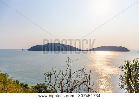 Panorama Landscape Of Tropical Island Beach With Mountain And Blue Sky Background At Prachuap Khiri