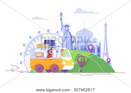 Flat Young Man With Beard, Bags Traveling By Car To Paris, India, America. Concept Jorney With Vehic