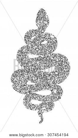 Coiled Snake Silver Glitter Illustration. Tribal Serpent Isolated Over White Background. Vector Rept