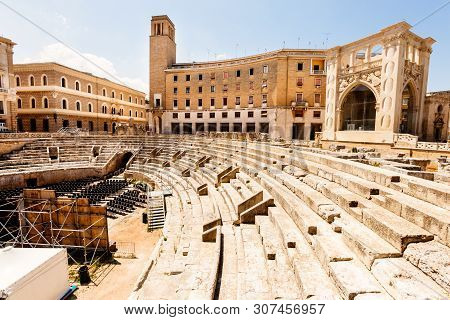 Lecce, Italy. July 28, 2015: Roman Amphitheater. Roman Monument Located In The Central Piazza Santo 