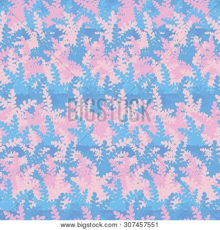 Seamless Vector Pattern With Pink And Blue Ferns Forming Stripes. Surface Print Design.