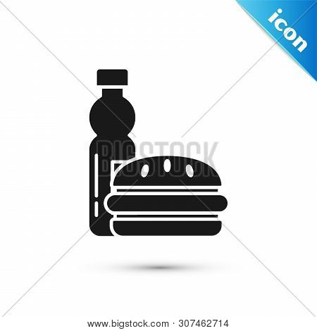Black Bottle Of Water And Burger Icon Isolated On White Background. Soda Aqua Drink Sign. Hamburger,