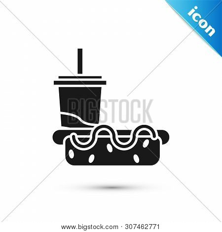 Black Paper Glass With Drinking Straw And Hotdog Icon Isolated On White Background. Soda Aqua Drink 