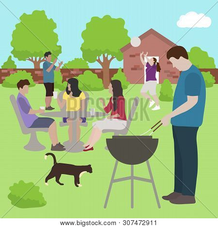 Vector Illustration With People Having Bbq Party In The Backyard. Bbq Party Background. Family, Frie