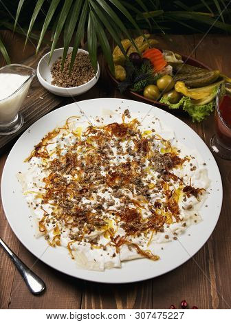 Azerbaijani Guru Khingal - Caucasian Pasta With Fried Chopped Meat And Onion. - Image