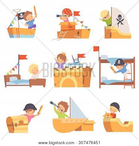 Cute Creative Kids Playing Toys Made Of Cardboard Boxes Set, Cute Boys Captains Playing Ships Made O
