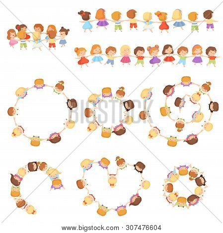 Kids Standing Together Holding Hands Set, Cute Little Boys And Girls Dancing In Circle, Front View A