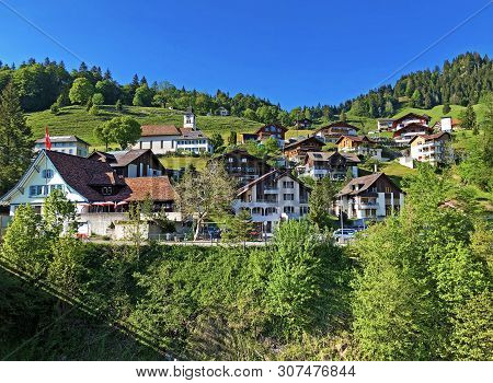 The Village Of Innerthal In The Valley Of Wagital Or Waegital And By The Alpine Lake Wagitalersee (w