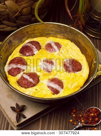 Fried Eggs Omlette With Sucuk In A Pan. Traditional Turkish Breakfast - Image