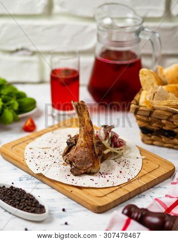 Beef Lamb Chop Meal In Lavash On Wooden Plate With Bread, Vegetabels And Wine - Image