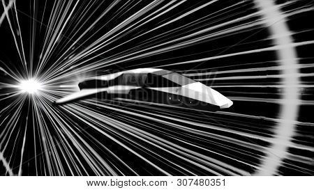 Futuristic Flying Abstract Machine In Space And Glowing White Light Stripes On Black Background, Mon
