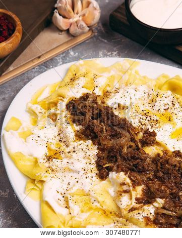 Azerbaijani Guru Khingal - Caucasian Pasta With Fried Chopped Meat. - Image