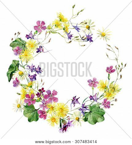 Watercolor Bouquet Of Wild Colorful Flowers On A White Background