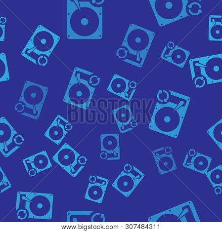 Blue Hard Disk Drive Hdd Sync Refresh Icon Isolated Seamless Pattern On Blue Background. Vector Illu