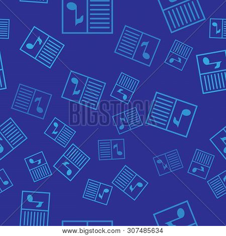 Blue Music Book With Note Icon Isolated Seamless Pattern On Blue Background. Music Sheet With Note S