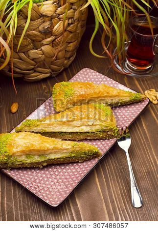 Walnut, Pistachio Turkish Style Antep Baklava Presentation And Service - Image