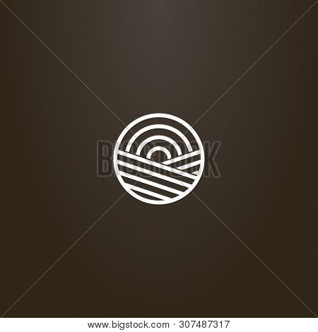 White Sign On A Black Background. Vector Line Art Geometric Sign Of Sun Rising Over A Field In A Rou
