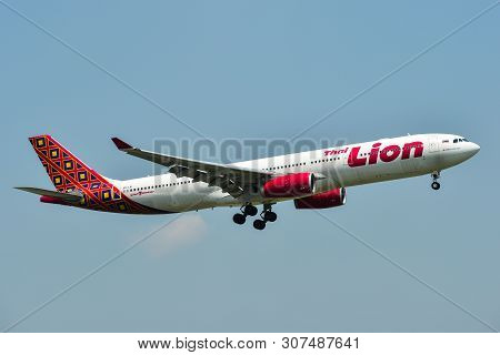 Bangkok, Thailand - Apr 24, 2018. Thai Lion Air Hs-lai (airbus A330-300) Landing At Don Muang Airpor