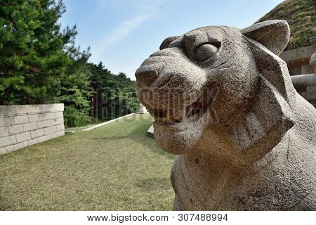 Kaesong, North Korea - May 5, 2019: Granite Lion Sculpture Near Tomb Of King Wanggon The Founder Of 