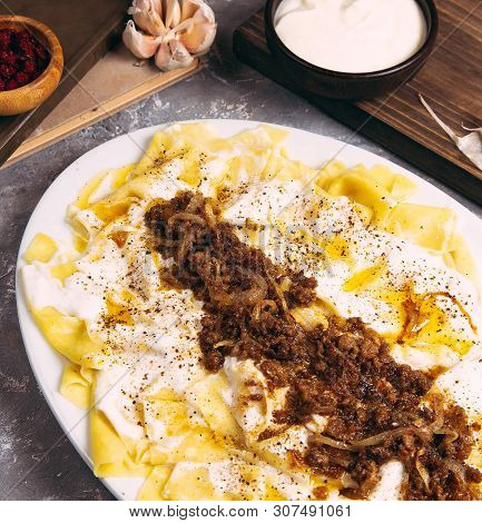 Azerbaijani Guru Khingal - Caucasian Pasta With Fried Chopped Meat. - Image