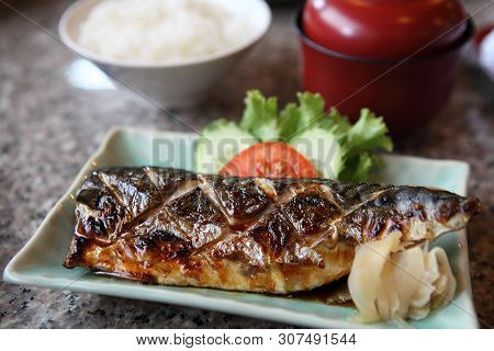Grill Mackarel Fish Japanese Food Set In Closeup