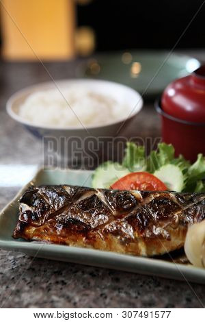 Grill Mackarel Fish Japanese Food Set In Closeup