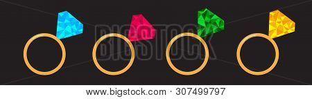 Wedding Gold Diamond Ring Set Line. Polygonal Effect. Blue, Pink, Green, Yellow Color. Flat Design. 