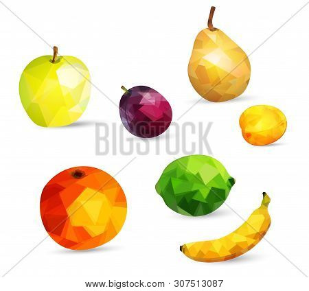 Fruits Apple, Lime, Orange, Pear, Banana And Plum Berries And Apricot In Low Poly Style Isolated On 
