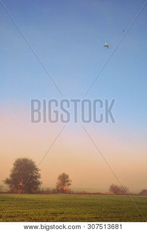 At Dawn, The Morning Pink Mist Dissipates, Trees Are Lit By The Sun On The Horizon, An Airplane And 