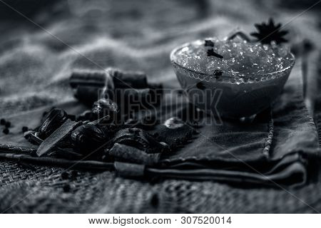 Famous Indian Dessert And Sweet Dish In A Glass Bowl On Jute Bag's Surface I.e. Murabba Or Murba Alo
