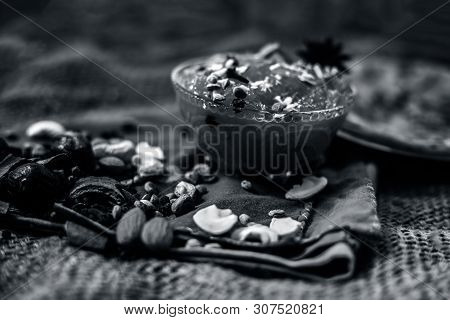 Famous Mango Preservation I.e. Murba Or Murabba In A Glass Bowl On Jute Bag's Surface Along With Dry