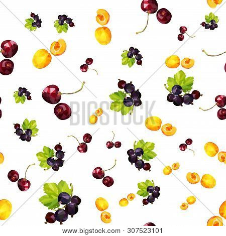 Seamless Pattern With Summer Berries Of Apricot, Currant And Cherry