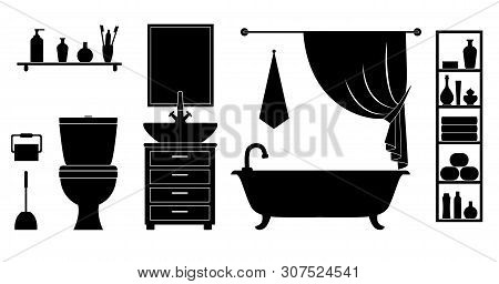 Lavatory With Bathtub, Toilet, Sink And Accessories. Vector Silhouette Of The Interior.