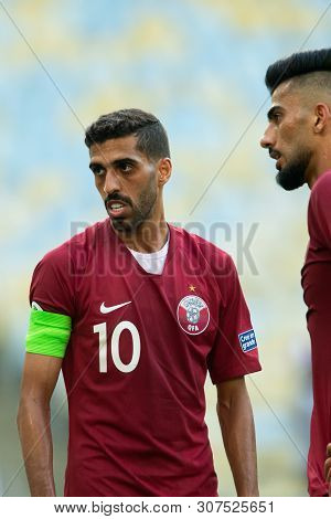 Rio De Janeiro, Brazil - June 16, 2019: Hassan Al Haidos Of Qatar Kicks The Ball During The 2019 Ame