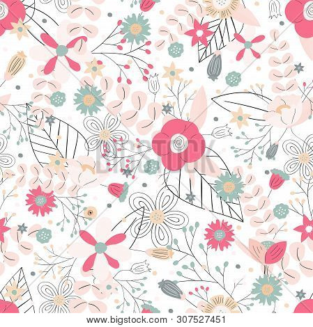 Pink Pastel Floral Pattern. Hand Drawn Elegant Background With Wild Flowers. Spring And Summer Desig
