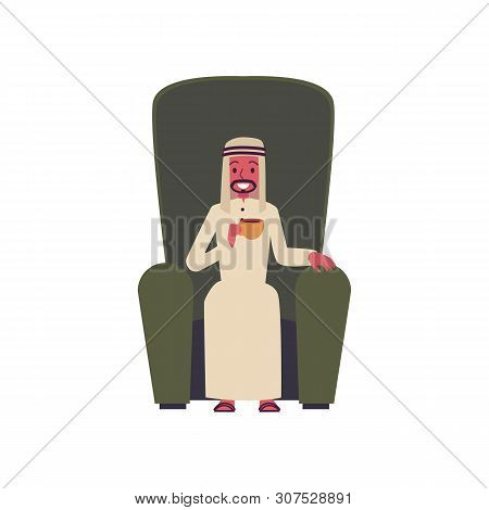 Arab Business Man Cartoon Character Smiling And Sitting In High Chair Drinking Tea