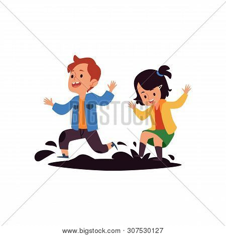 Children Jump In Puddles The Bad Kids Behavior Flat Vector Illustration Isolated.