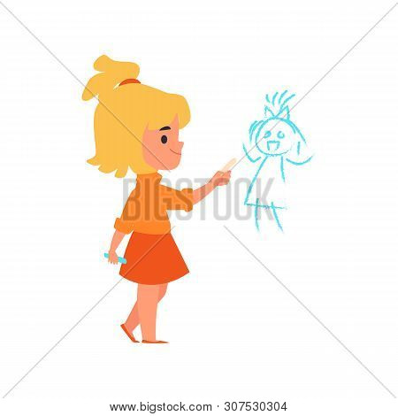 Child Girl Draws On The Wall The Kids Bad Behavior, Vector Illustration Isolated.