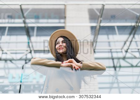 Outdoors Lifestyle Fashion Portrait Of Pretty Young Woman Making Selfie By The Phone. Smiling, Walki