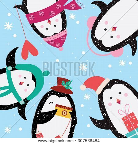 Christmas And New Year Banner Template With Pinquines Vector Illustration.