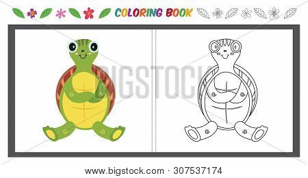 Childrens Color Page With Cute Turtle And Color Example The Vector Illustration.