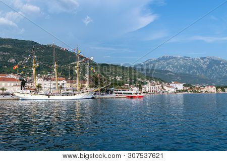 Tivat, Montenegro - 10. 6. 2019. Sailboat Jadran - A Landmark Near The Central Promenade
