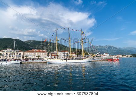 Tivat, Montenegro - 10. 6. 2019. Sailboat Jadran - A Landmark Near The Central Promenade
