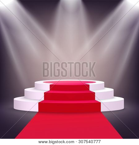 Realistic White Podium Stage With Red Carpet Lit From Multiple Spotlights