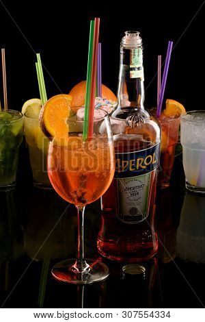 17 May 2019 Bottle And Cocktail Of Italian Drink Aperol Spritz Aperitivo, Over Summer Refreshing Coc